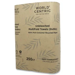 World Centric 100 Percent PCW Recycled Multifold Paper Towels, 1-Ply, Natural, 250/Pack, 16 Packs/Carton (WORTWPAMF)
