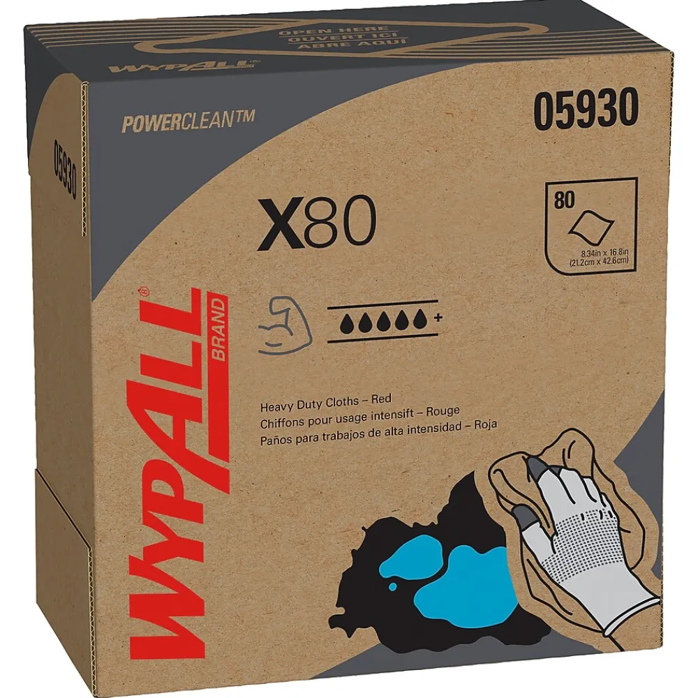 PowerClean X80 Cloths, 8.34" x 16.8", Red, 80 Sheets/Box, 5 Boxes/Carton (05930)<WypAll Best
