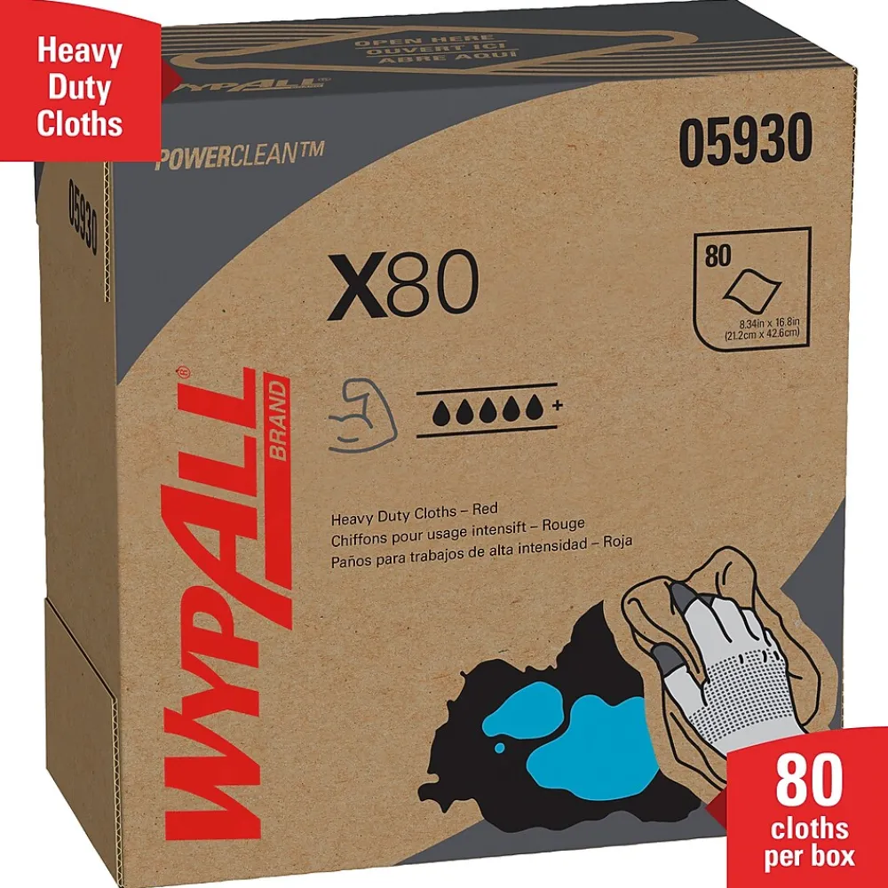 PowerClean X80 Cloths, 8.34" x 16.8", Red, 80 Sheets/Box, 5 Boxes/Carton (05930)<WypAll Best