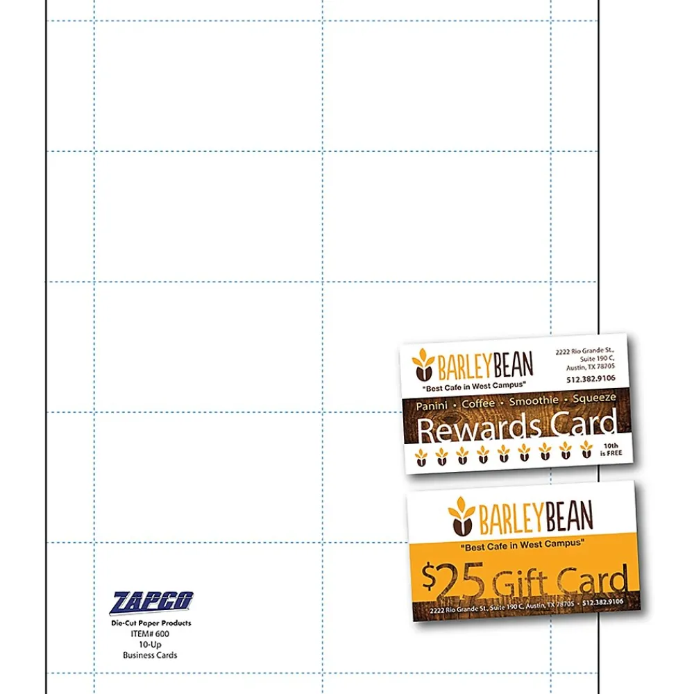 Business Cards*Zapco ® 3 1/2" x 2" 90 lbs. Micro-Perforated Index Business Card, White, 500/Pack (600-50IWH49X)