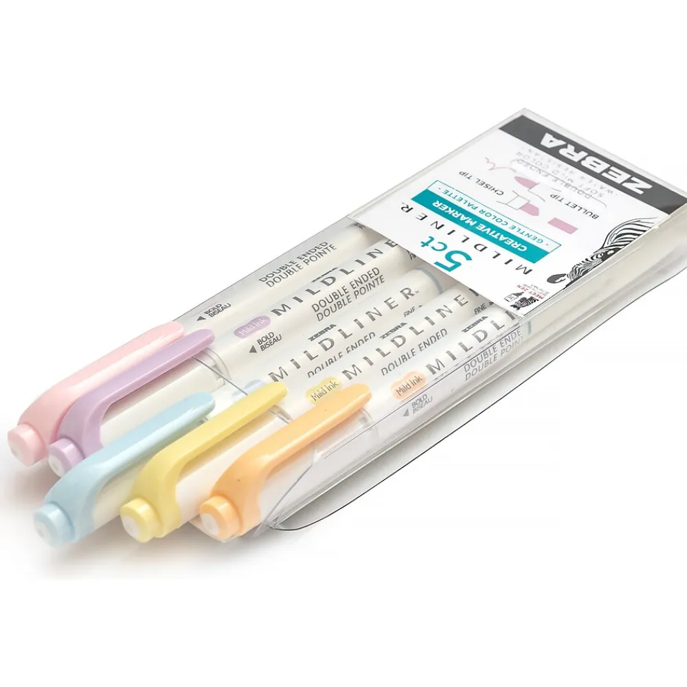 Highlighters|Zebra Mildliner Twin Tip Highlighters, Bullet/Chisel Tip, Gentle Assorted, 5/Pack (78705)